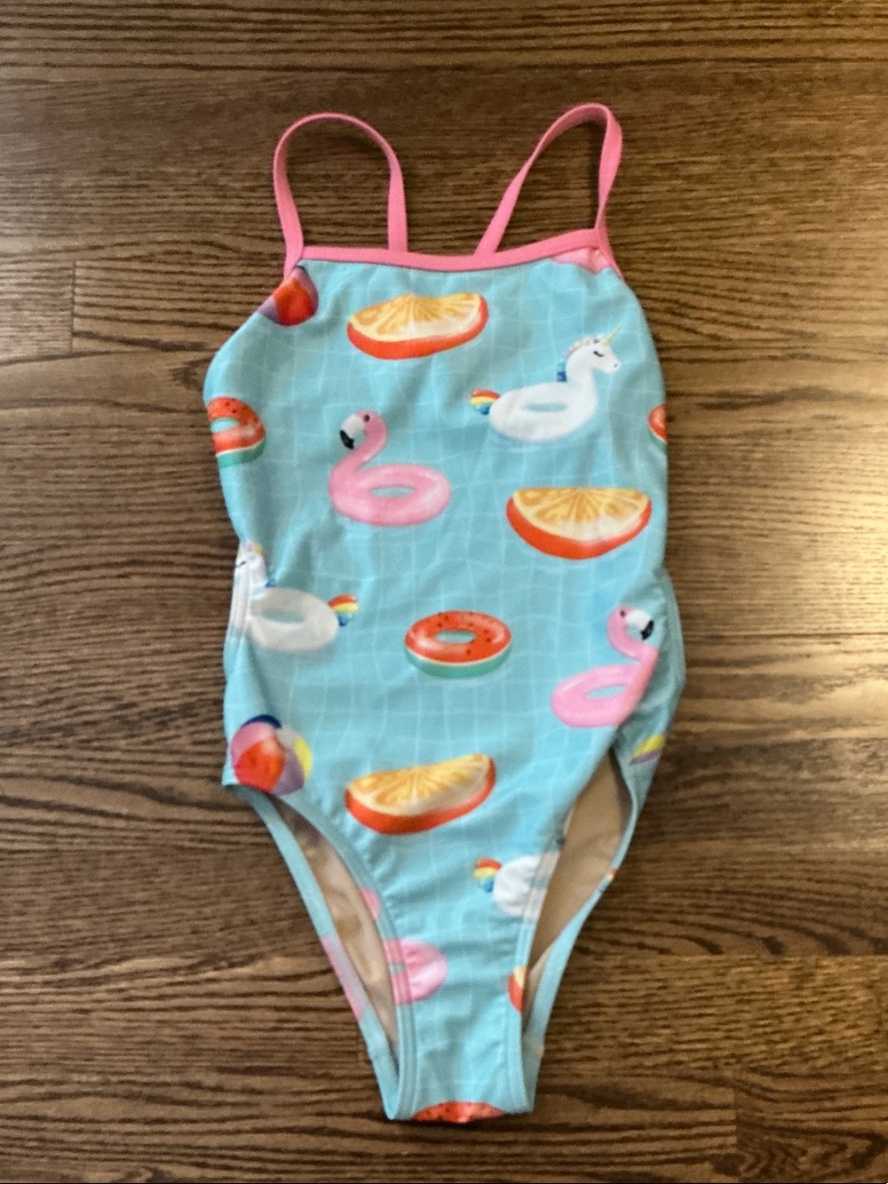 Girls' Aqua One-Piece Swimsuit with Pink Straps and Float Print